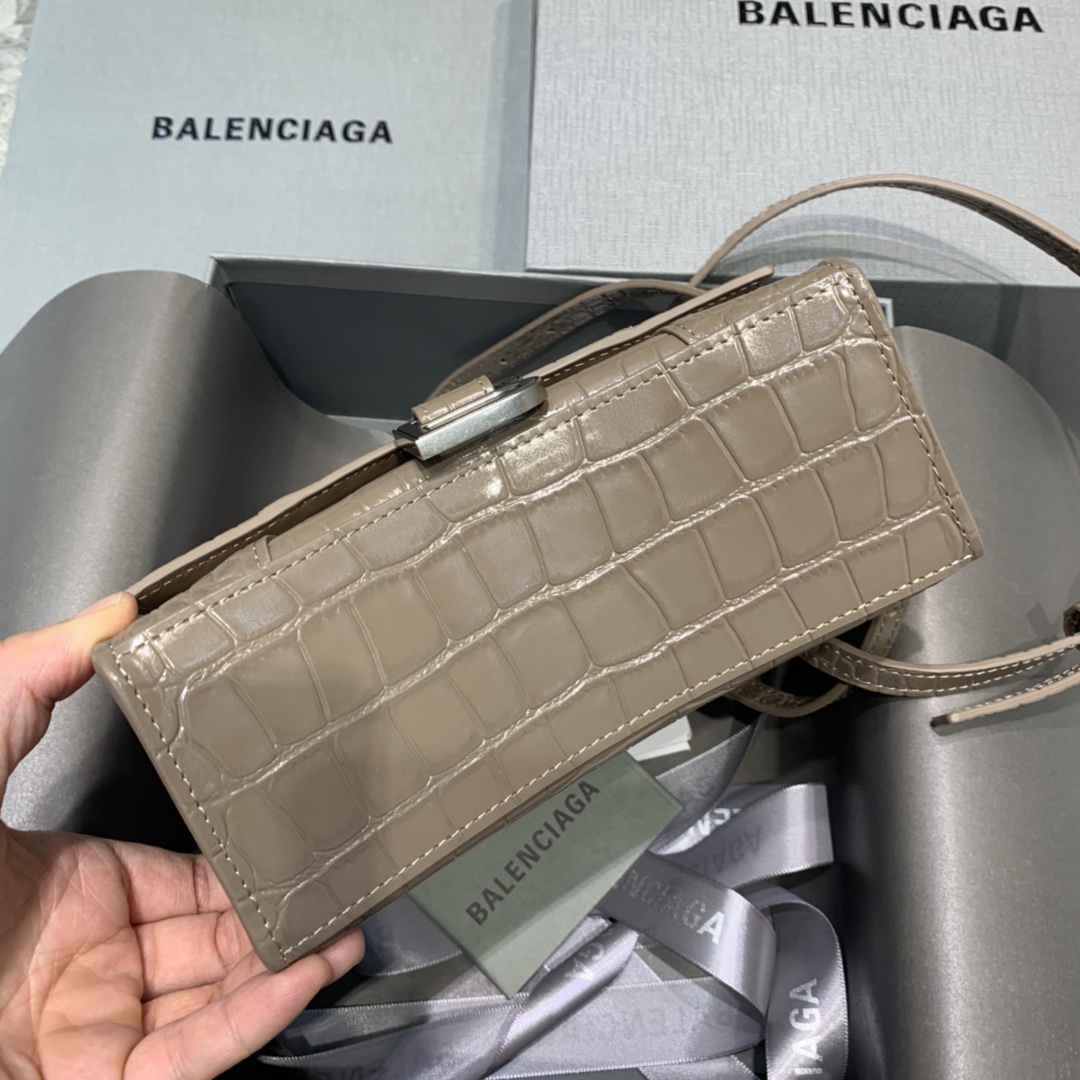 Balenciaga Hourglass XS Handbag Crocodile Embossed Shoulder Bag Dark Gray